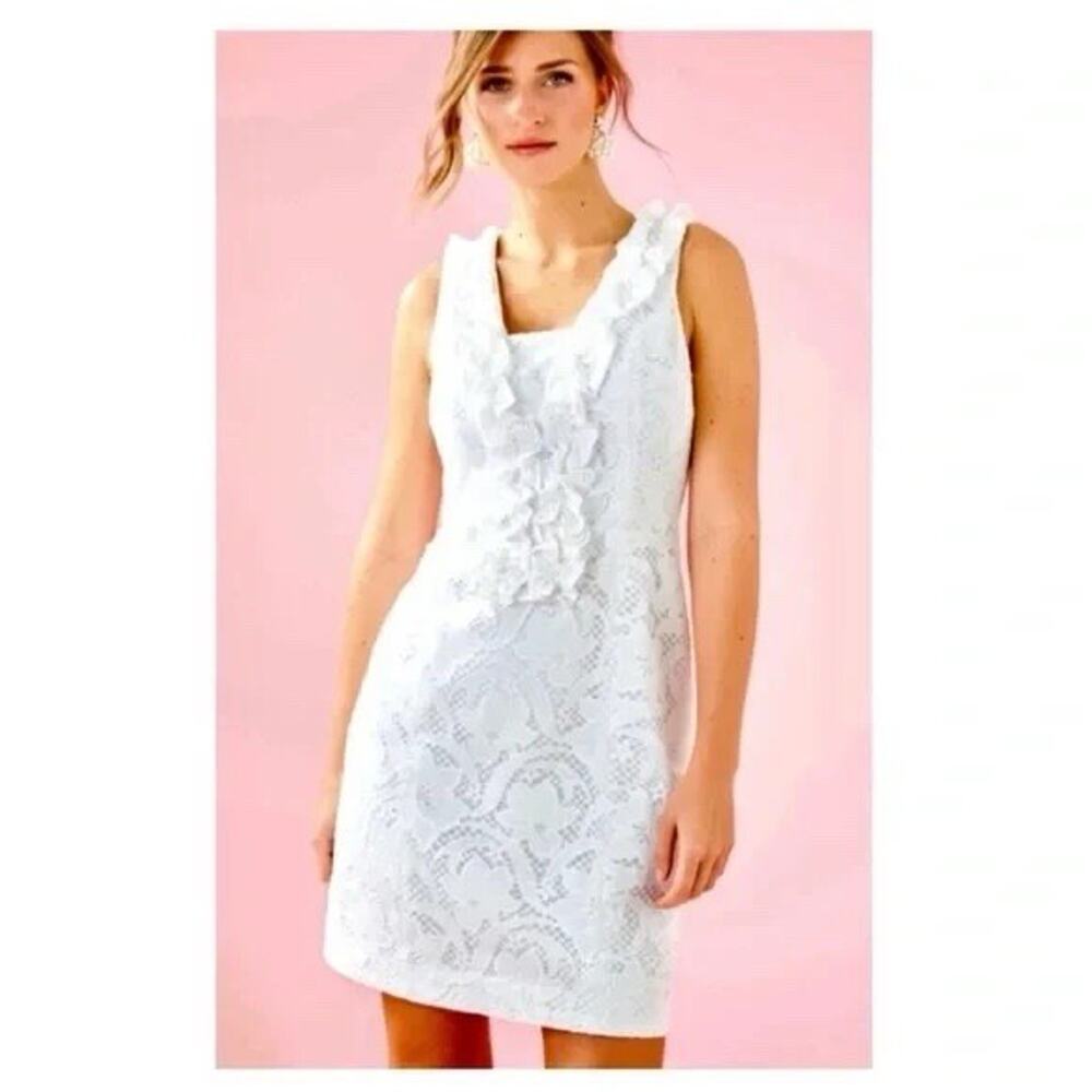 Lilly Pulitzer Kiera Shift Dress Resort White Lace Sz 6 Bridal Pearl Bead Floral